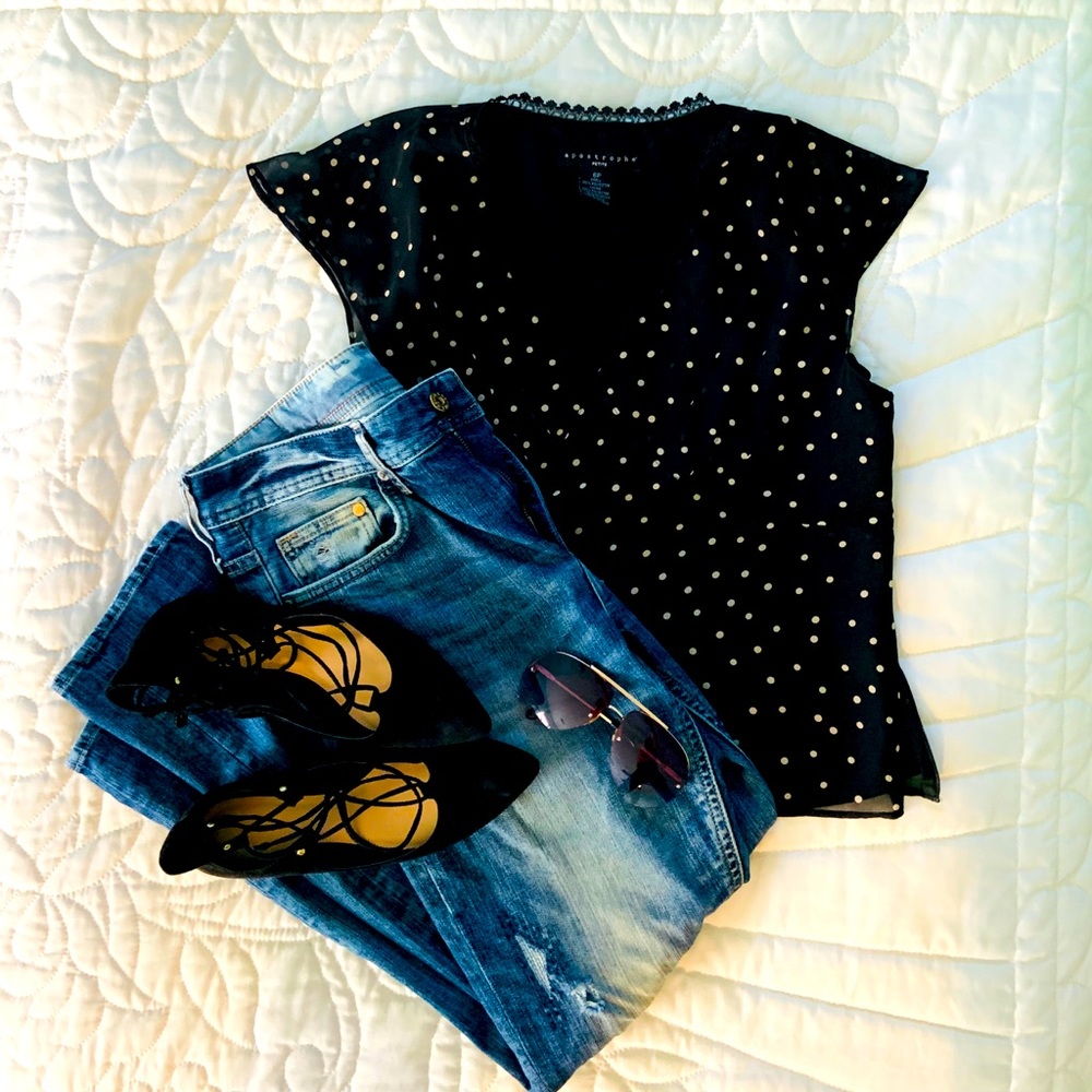 Apostrophe Petite Black and Tan Polka Dot Top